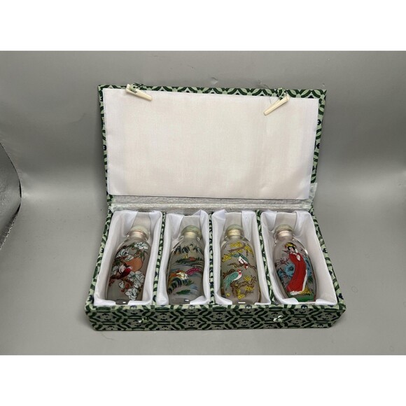 Chinese Inside Reverse Painted Glass Snuff Bottles Set of 4 Brocade Box Stoppers
